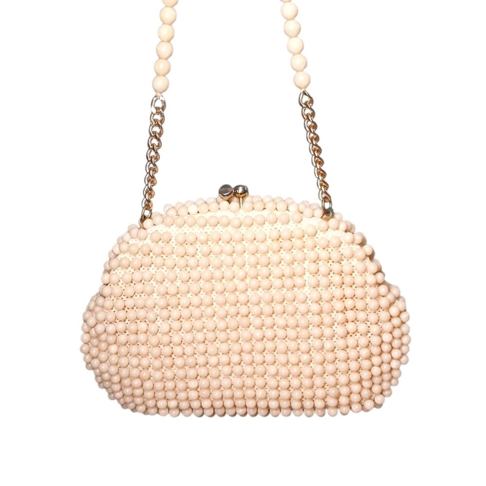 Vtg 1960's Cream Bubble Bead Beaded Evening Bag Purse Clutch w/ Chain John Wind